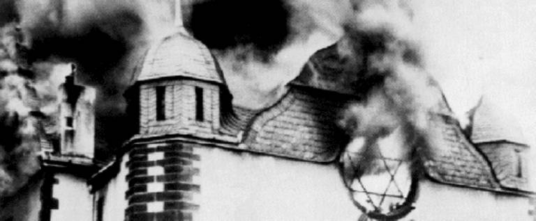 Synagoge of Siegen, Germany, burning during Kristallnacht, November 9, 1938, in Nazi-Germany