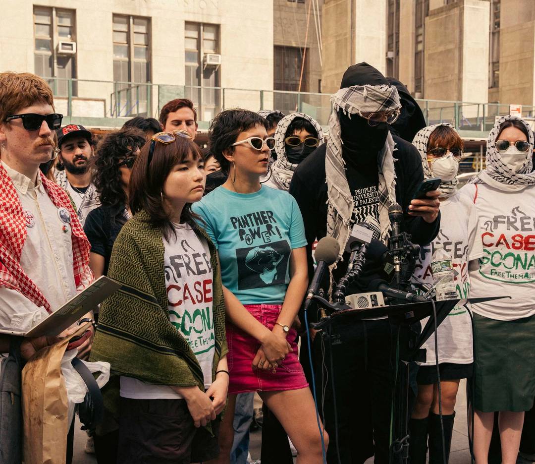 Pro-Palestinian protesters charged with criminal trespassing after occupying Columbia University's Hamilton Hall gather for a press conference outside a Manhattan criminal courthouse after their court appearance, on June 20, 2024