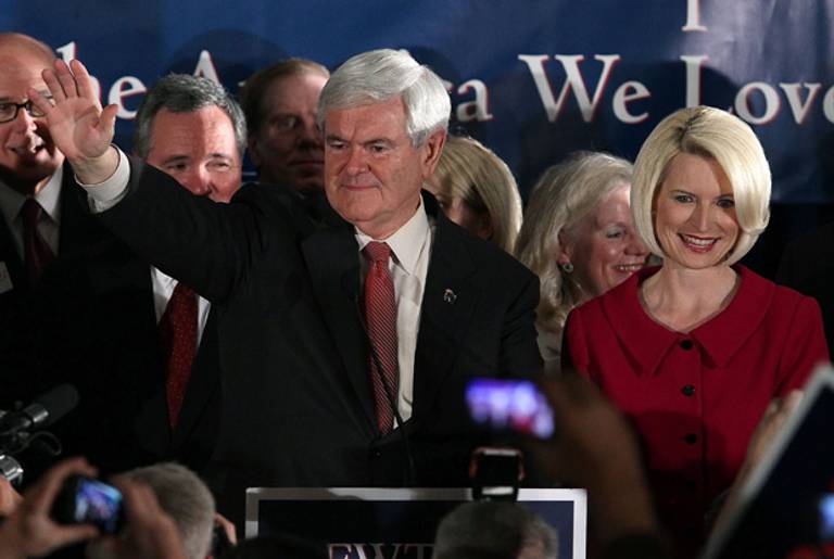Newt and Callista Gingrich, victorious, Saturday night.(Mark Wilson/Getty Images)