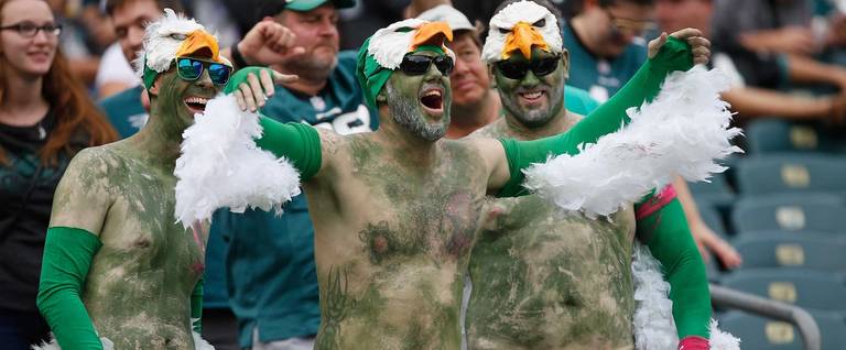A fan of the Philadelphia Eagles is dressed as an eagle as he cheers against the Arizona Cardinals during the second half at Lincoln Financial Field on October 8, 2017 in Philadelphia, Pennsylvania.