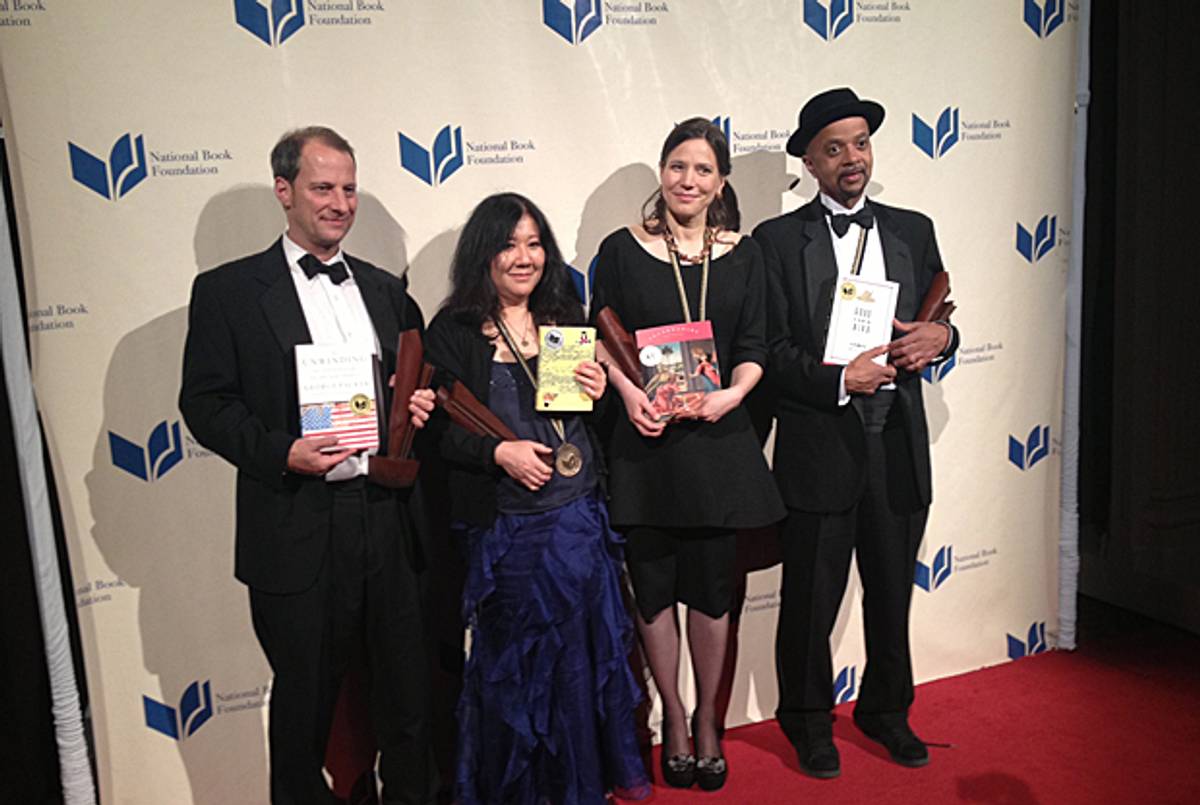 George Packer, Cynthia Kadohata, Mary Szybist, and James McBride (L to R) at the National Book Awards on Nov. 20, 2013. (Katie Freeman)