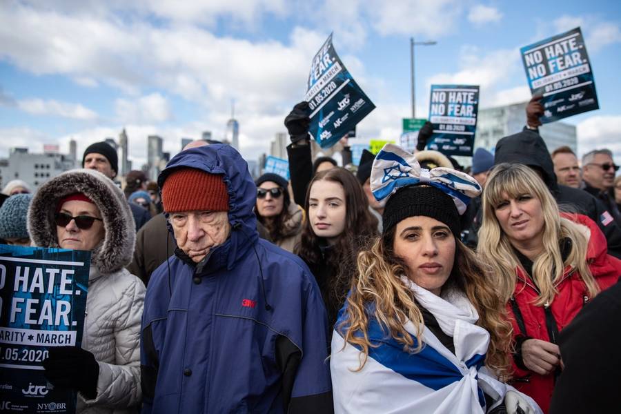 People participate in a Jewish solidarity march across the Brooklyn Bridge on Jan. 5, 2020. The march was held in response to a recent rise in anti-Semitic crimes in the greater New York metropolitan area.