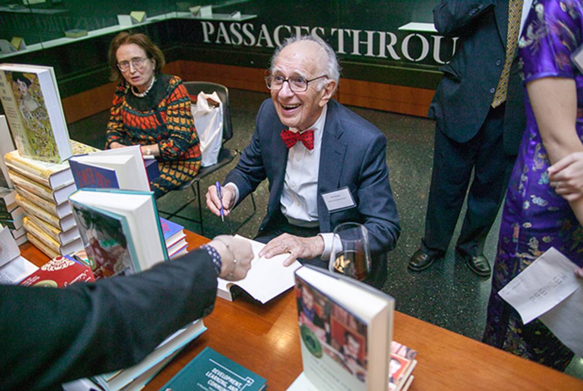 Nobel Laureate Eric R. Kandel, the recipient of this year’s Lifetime Achievement Award at the National Jewish Book Awards in New York, signs copies of his books.(Hugh Crawford)