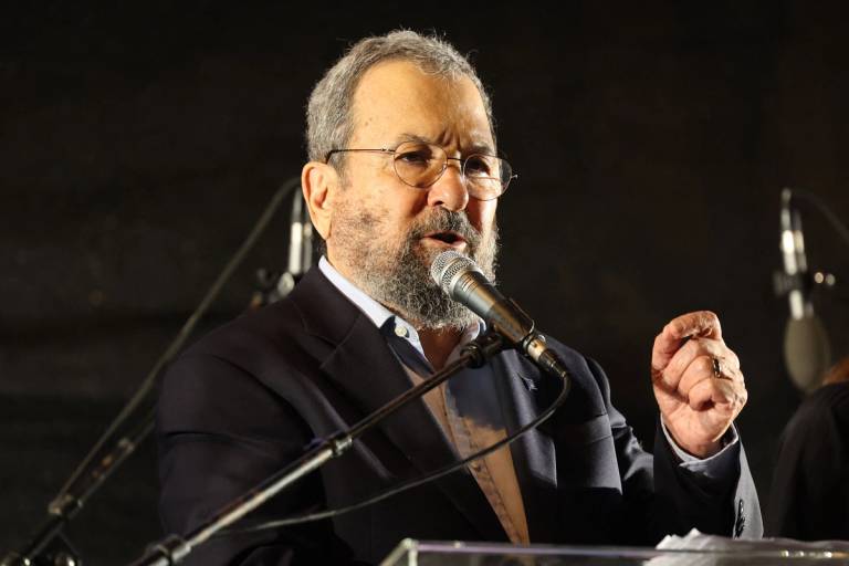 Former Israeli Prime Minister Ehud Barak speaks during a rally in Tel Aviv to protest the Israeli government's judicial overhaul plan, on June 24, 2023, days after Prime Minister Benjamin Netanyahu vowed to press on with the controversial program
