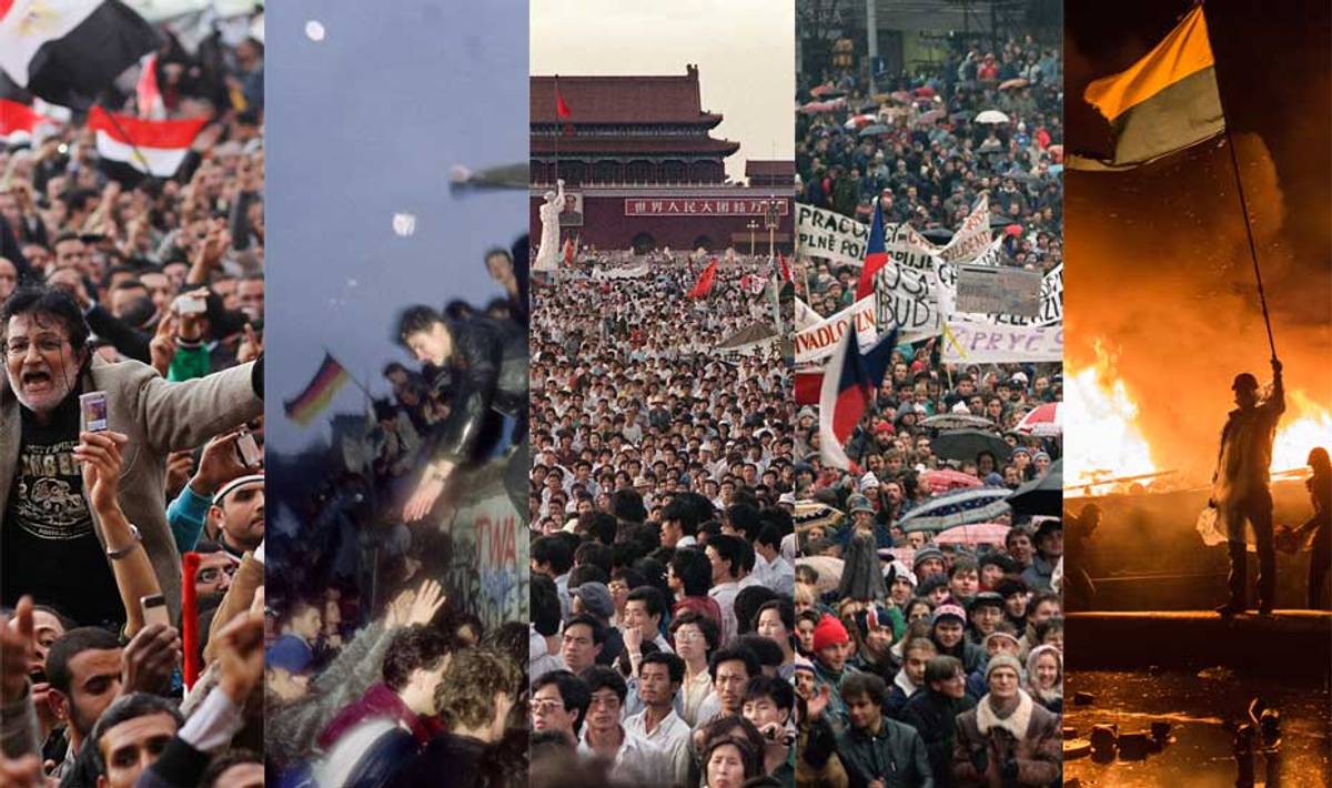 Protests blossomed at last into open insurrections in every part of the non-democratic world. From left, Tahrir Square, Egypt; Berlin, Germany; Tiananmen, China; Prague, Czechoslovakia; and Maidan, Ukraine. 