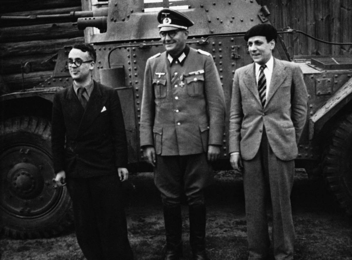 Robert Brasillach, left, next to French politician Jacques Doriot—founder of the Légion des Volontaires Français (LVF), a French unit of the Wehrmacht under the Vichy regime—on the Eastern Front, circa 1943. 