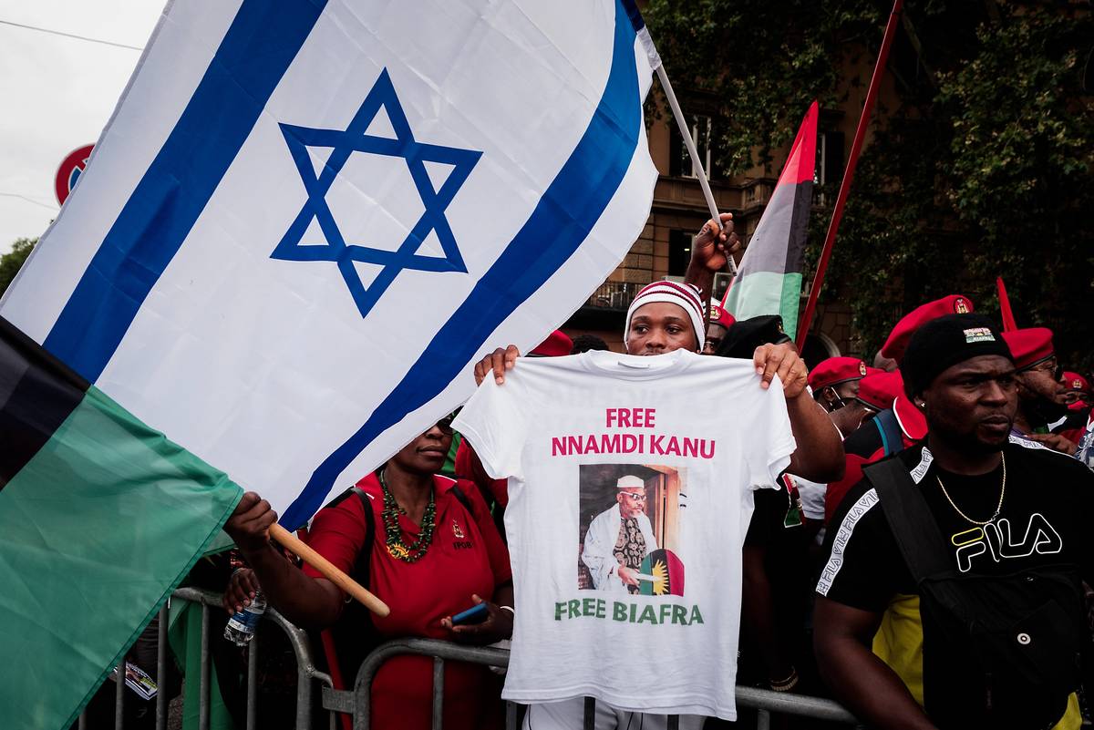Demonstrators wave the Israeli flag during a July 26, 2021, protest in Rome near the British Embassy to call for the release of Nnamdi Kanu, who was detained by the Nigerian government at Nairobi airport, stripped of his passport, and forcibly transferred to Nigeria