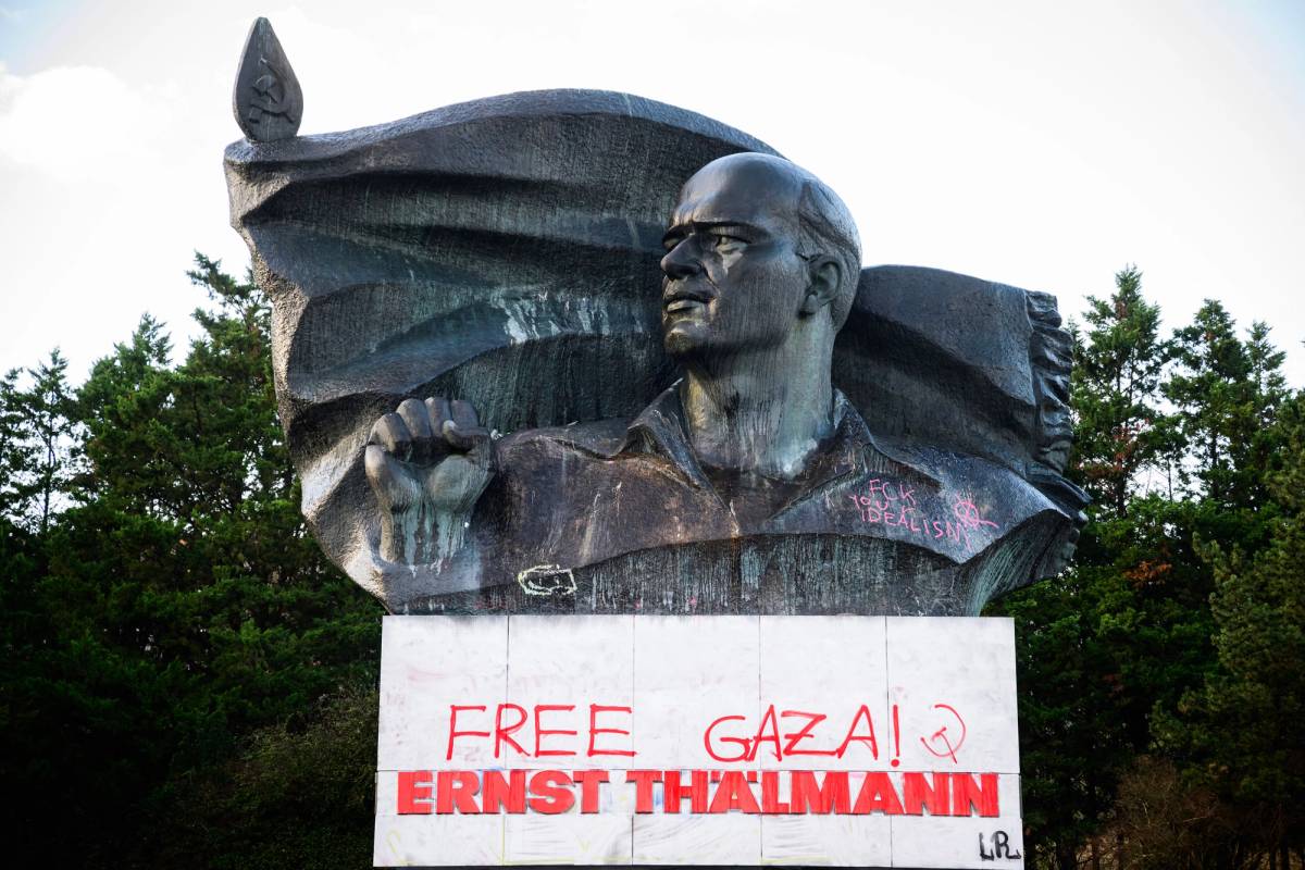 A bust of German Communist Party (KPD) leader Ernst Thälmann graffitied with the words ‘Free Gaza,’ Berlin, Dec. 20, 2023