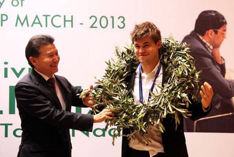 Magnus Carlsen presented with a laurel wreath during today's closing ceremonies of the 2013 FIDE World Chess Championships in Chennai, India.(Twitter)