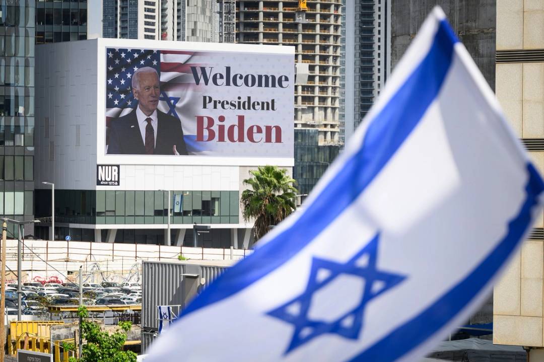 A digital billboard in Tel Aviv welcomes U.S. President Joe Biden to Israel on Oct. 18, 2023