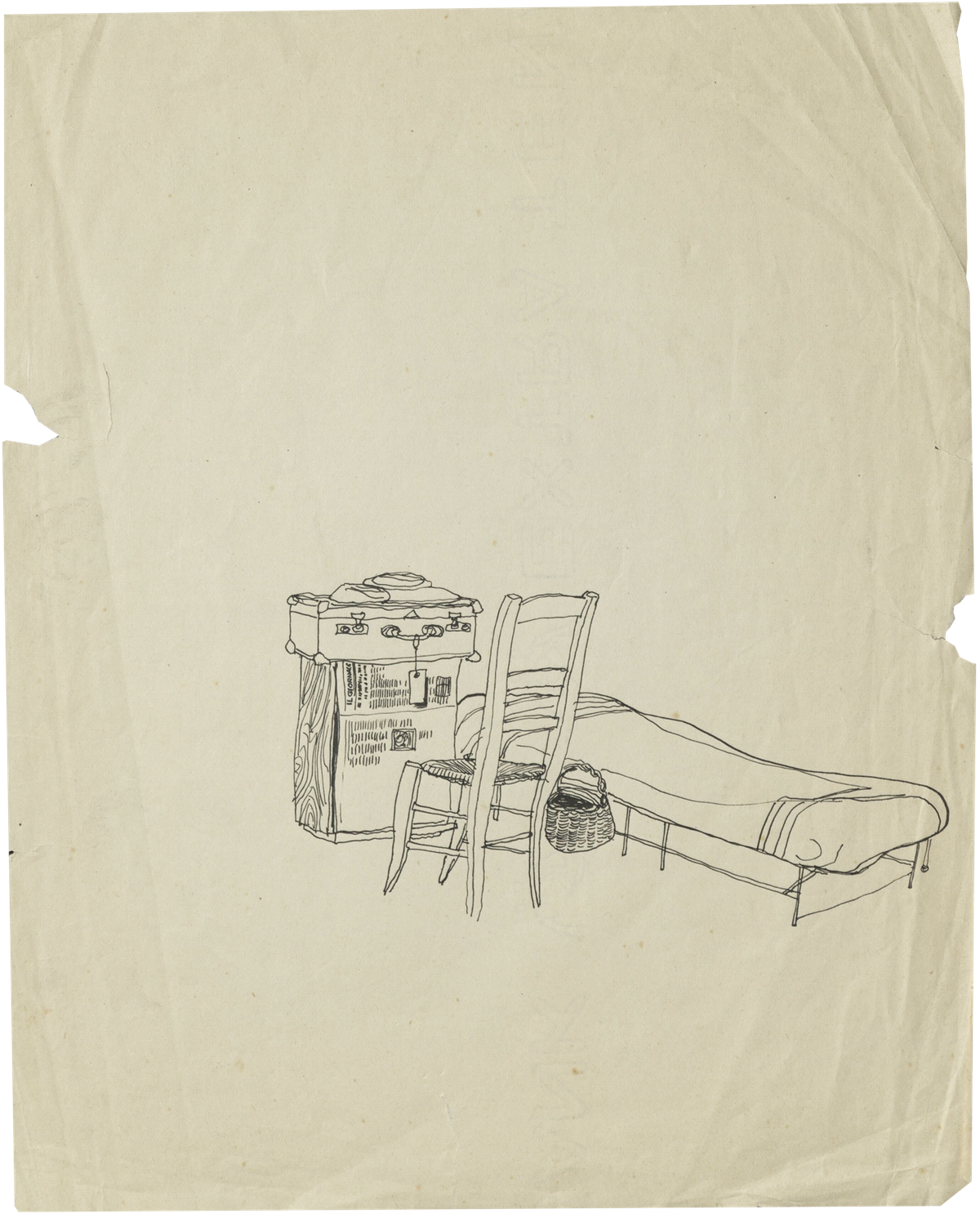 Drawing of a small bed, chair, and suitcase, 1941
