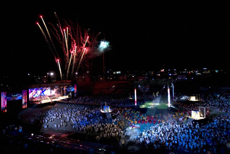 Fireworks are set off during the opening ceremony of the Maccabiah Games in Tel Aviv on July 13, 2009.(DAVID FURST/AFP/Getty Images)