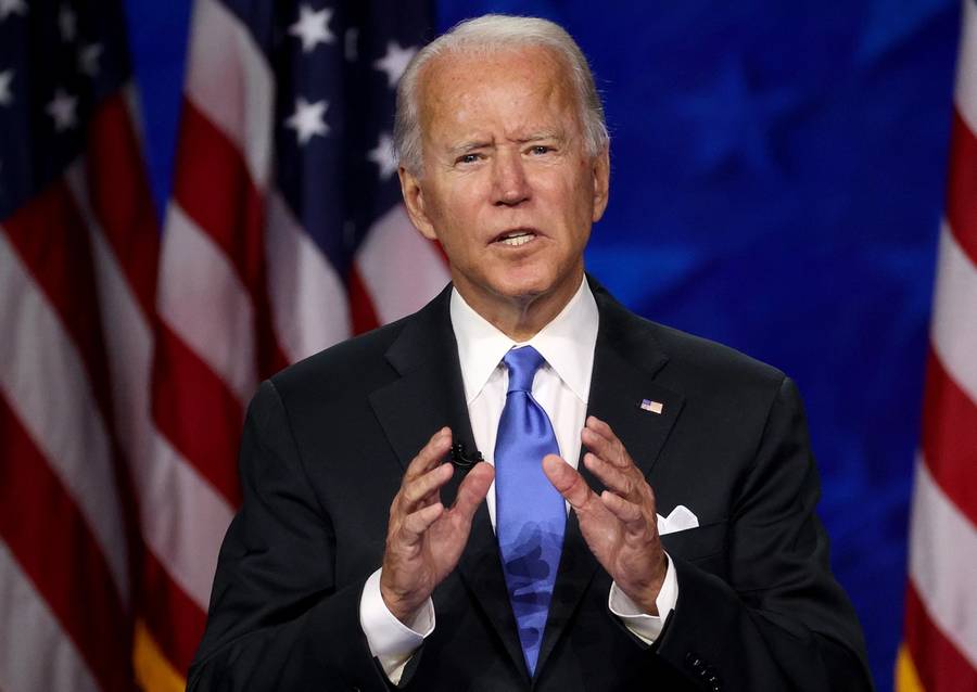 Joe Biden delivers his acceptance speech on the fourth night of the Democratic National Convention from the Chase Center in Wilmington, Delaware, on Aug. 20, 2020