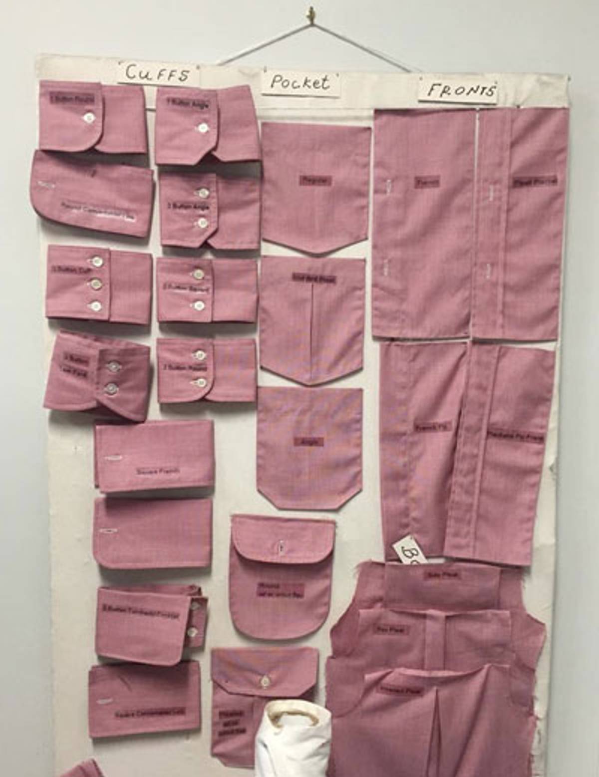 Shirt options in Carl’s workroom. (Photo: Marjorie Ingall)