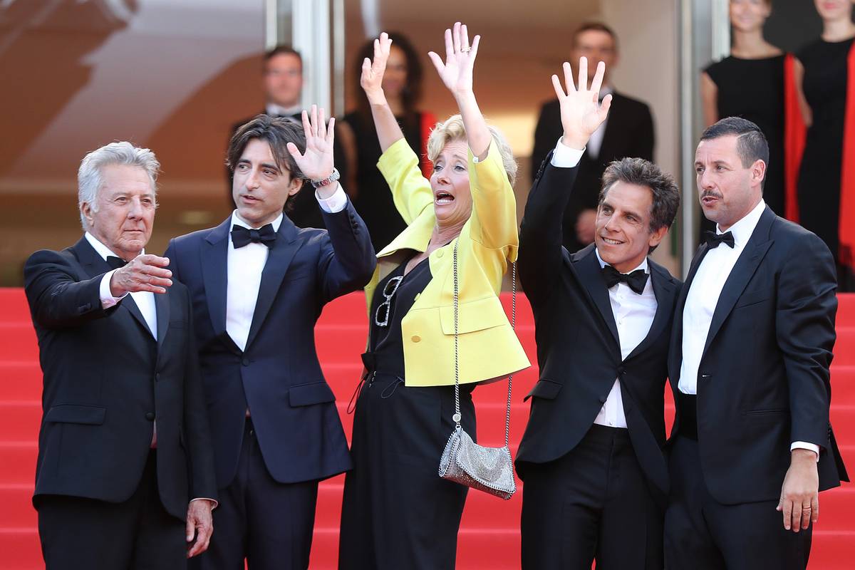 From left to right: Dustin Hoffman, Noah Baumbach, Emma Thompson, Ben Stiller, and Adam Sandler in Cannes, May 21, 2017.
