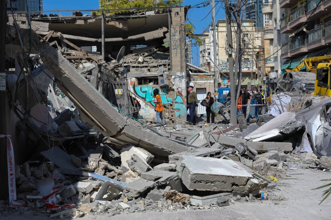 A building hit by a Hamas rocket attack in south Tel Aviv, Oct. 8, 2023