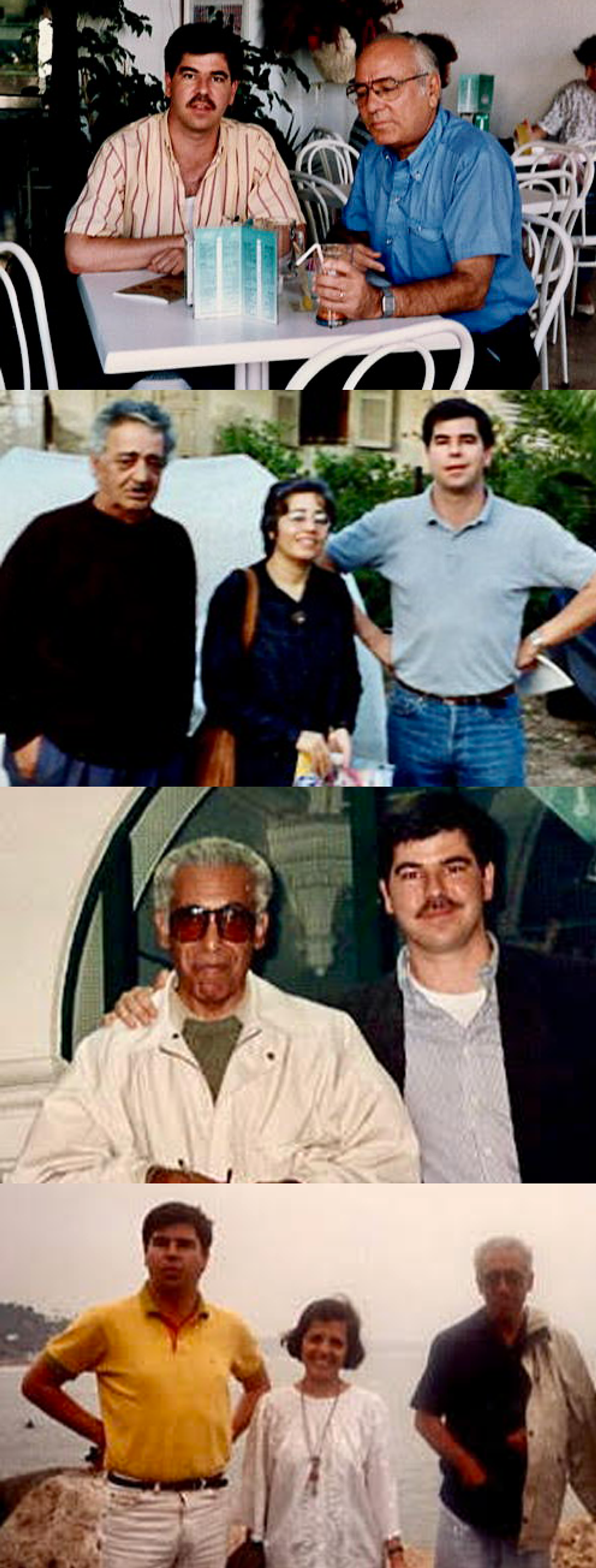 The author with (from top to bottom) Sasson Somekh in Tel Aviv, 1994; Emile Habiby (with his assistant Siham Daoud in the middle) in Haifa, undated; Abdelrahman Munif in London, undated; and again with Abdelrahman Munif (and Suad Munif) in Malibu, California, in 1993 (Photos courtesy the author)