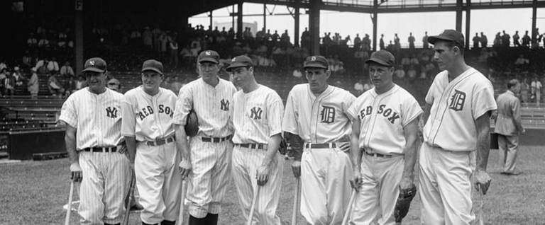 Seven of the American League's 1937 All-Star players, from left to right Lou Gehrig, Joe Cronin, Bill Dickey, Joe DiMaggio, Charlie Gehringer, Jimmie Foxx, and Hank Greenberg. All seven would be elected to the Hall of Fame. Image from July 7, 1937.