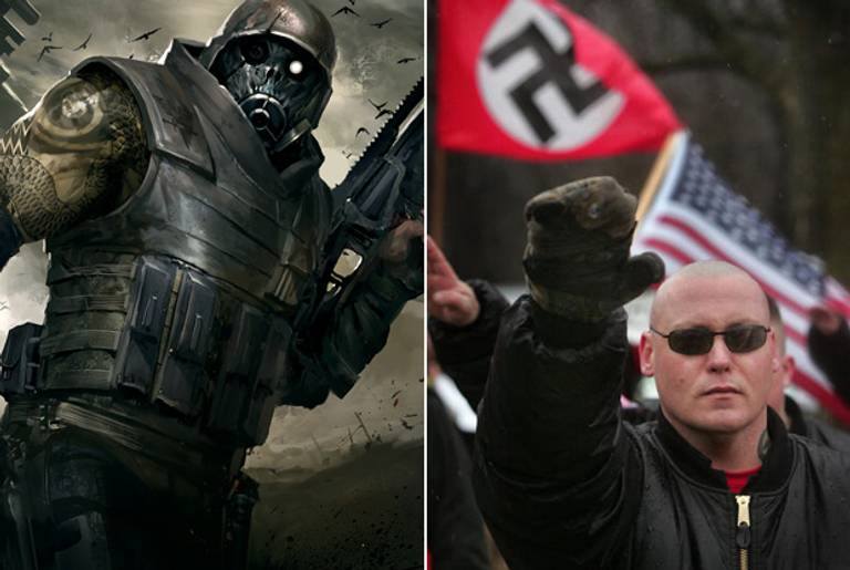 Left: Guild Wars 2. Right: A Neo-Nazi demonstrates near where the grand opening ceremonies were held for the Illinois Holocaust Museum & Education Center, April 19, 2009, in Skokie, Ill.(The Operated Eye and Scott Olson/Getty Images)
