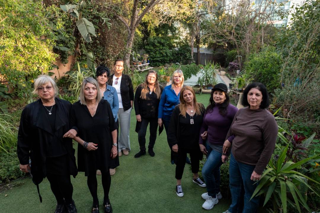 ‘We are sad, sad mothers, broken mothers, no smile, no one.’ Sigalit (third from right) with other mothers of Nova victims, Tel Aviv, March 12, 2024