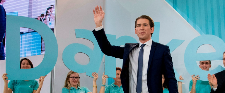 Austria's Foreign Minister and leader of Austria's centre-right People's Party (OeVP) Sebastian Kurz waves to supporters during the party's election event following the general elections in Vienna, Austria, on October 15, 2017.