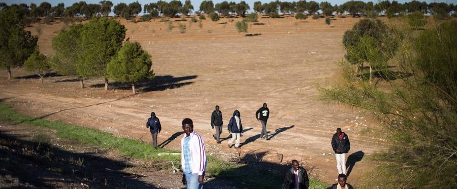 African migrants walk near a highway as they try to walk to Jerusalem in protest after abandoning a detention facility in the southern Israeli desert on December 16, 2013 near Beer Sheva, Israel.
