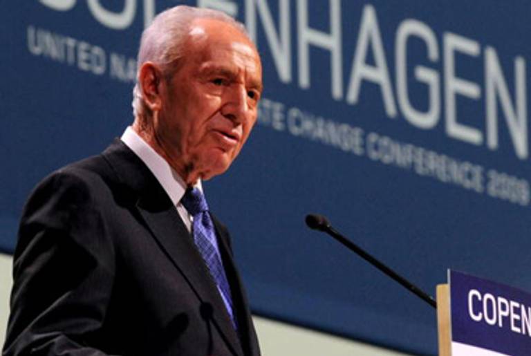Peres speaks at the Copenhagen summit last month.(Moshe Milner/GPO via Getty Images)