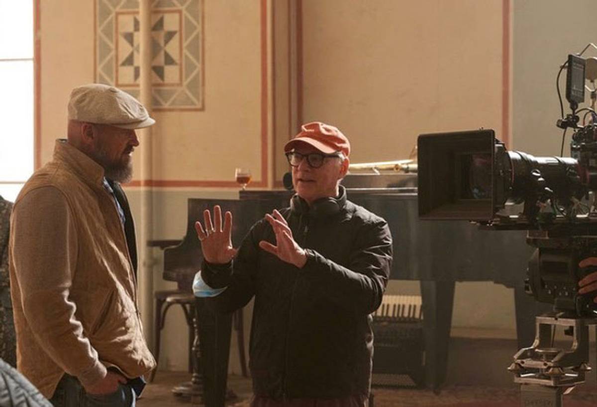 The author, at left, and Barry Levinson on set in Budapest