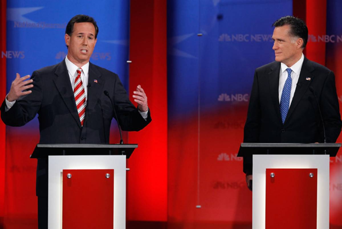 Rick Santorum and Mitt Romney at a debate last month.(Chip Somodevilla/Getty Images)