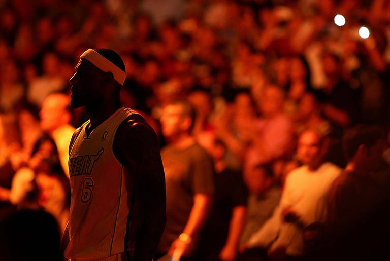 LeBron James, #6 of the Miami Heat, looks on during a game against the Los Angeles Lakers at American Airlines Arena on Feb. 10, 2013 in Miami, Fla.(Mike Ehrmann/Getty Images)