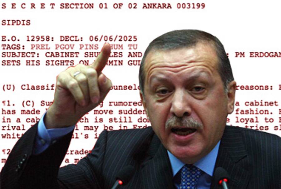 Recep Tayyip Erdogan speaking in Ankara last month; a leaked U.S. diplomatic cable.(Erdogan: Adem Altan/AFP/Getty Images; cable: Wikileaks)