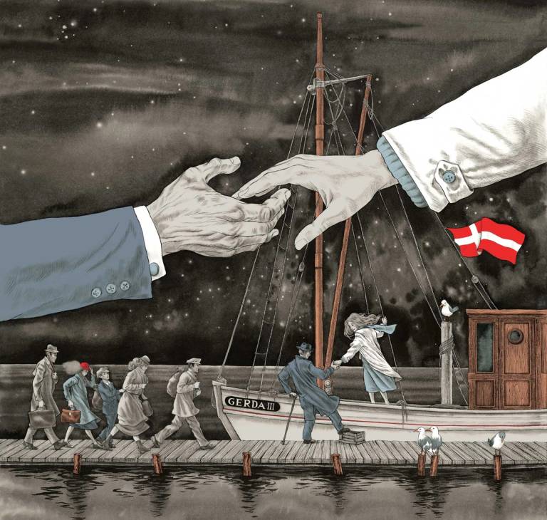 ‘Courage to Act: Rescue in Denmark’ features the story of the Gerda III, one of many small vessels used in the Danish rescue. Illustrations by Sveta Dorosheva bring elements of the story to life.
