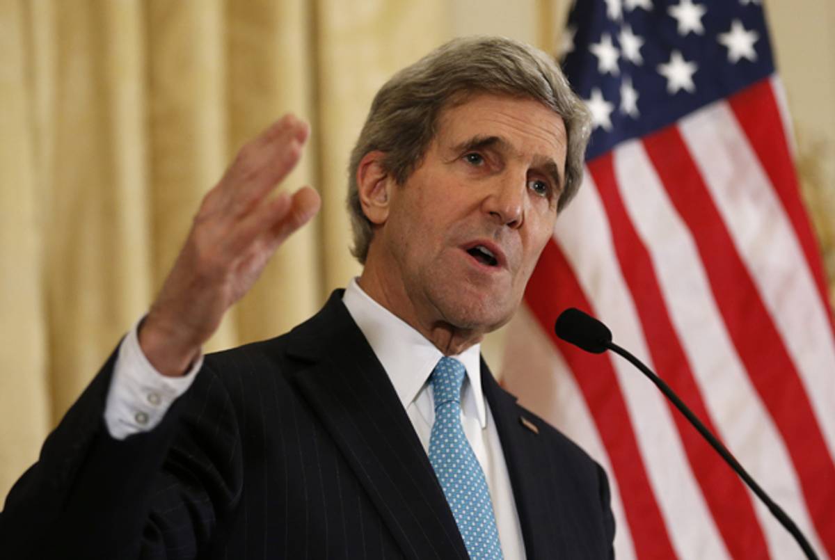 US Secretary of State John Kerry speaks to reporters about the Ukraine crisis after his meetings with other foreign ministers, on March 5, 2014 at the US ambassador's residence in Paris. (KEVIN LAMARQUE/AFP/Getty Images)