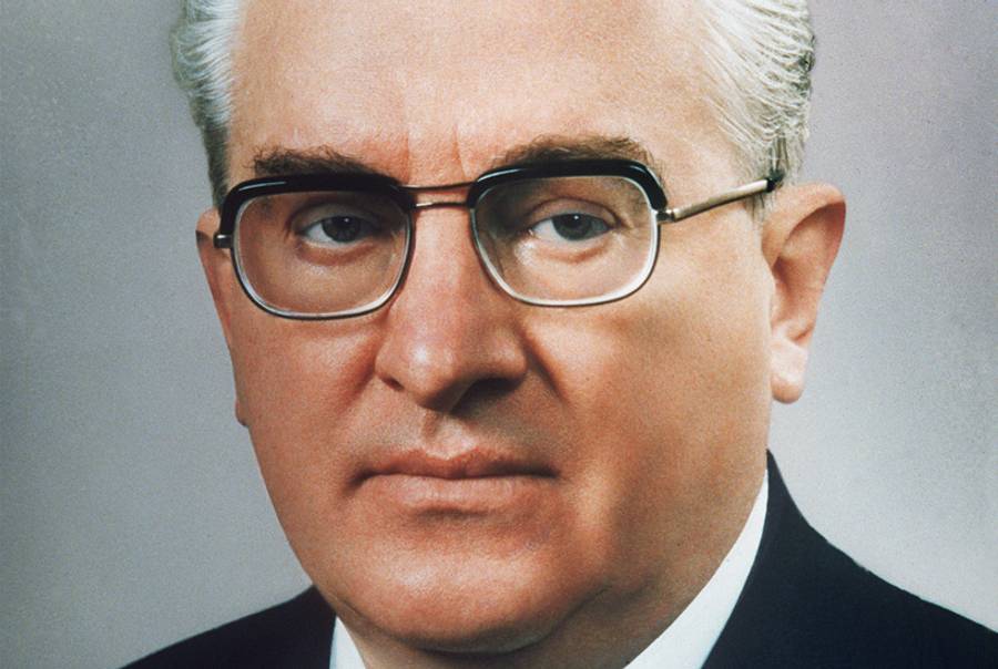 A retouched picture released by the Soviet official news agency in November 1982 of Yuri Andropov, who led the KGB starting in 1967 until he became general secretary of the Soviet Communist Party (after Brezhnev's death in 1982) and president of the USSR (1983-1984).(AFP/Getty Images)