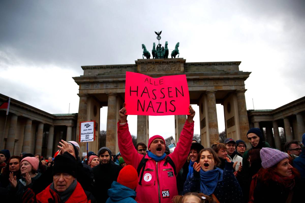 ‘Everyone hates Nazis’ reads a placard at a protest against the AfD in Berlin on Jan. 14, 2024