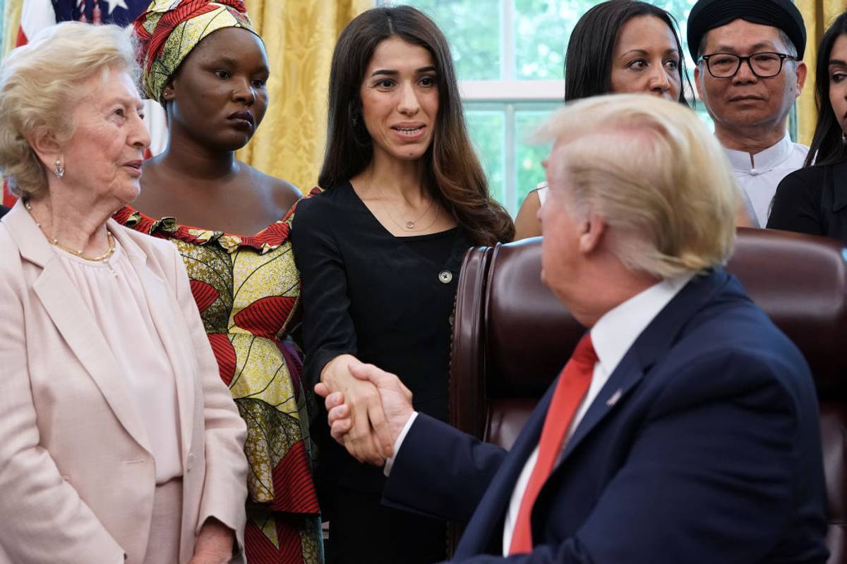 President Donald Trump shakes hands with Iraqi Yazidi human rights activist and Nobel Peace Prize winner Nadia Murad of Iraq in the Oval Office, July 17, 2019, Washington, D.C.
