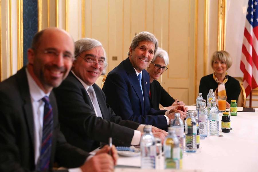 From left, U.S. National Security Council Senior Director for Iran, Iraq, Syria and the Gulf States Robert Malley, U.S. Secretary of Energy Ernest Moniz, U.S. Secretary of State John Kerry, and U.S. Undersecretary for Political Affairs Wendy Sherman attend the Iran nuclear talks in Vienna on June 30, 2015