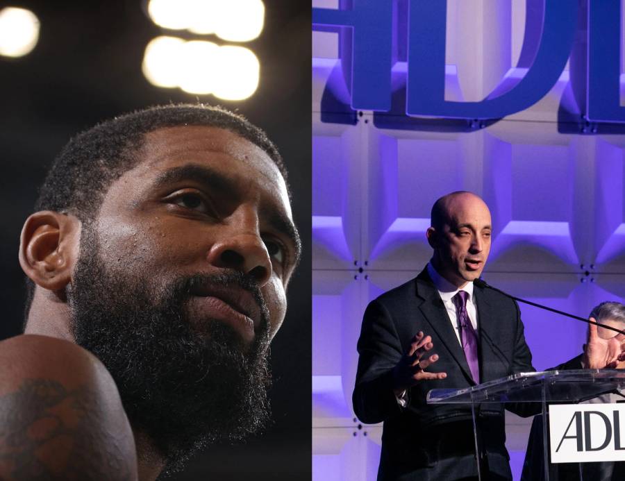Kyrie Irving of the Brooklyn Nets (L) and CEO of the Anti-Defamation League Jonathan Greenblatt (R)