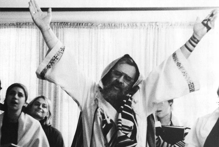 Rabbi Zalman Schachter-Shalomi in ecstatic prayer at his daughter Shalvi's naming ceremony in Philadelphia, 1977.)