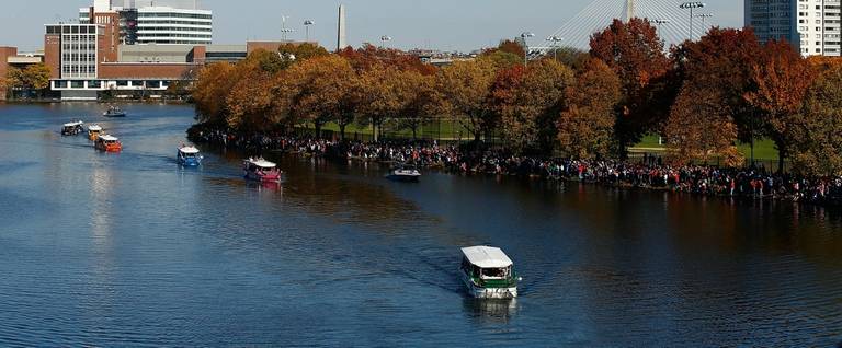 Duck boats carrying members of the Boston Red Sox make their way down the Charles River during the World Series victory parade in Boston, Massachusetts, November 2, 2013. 