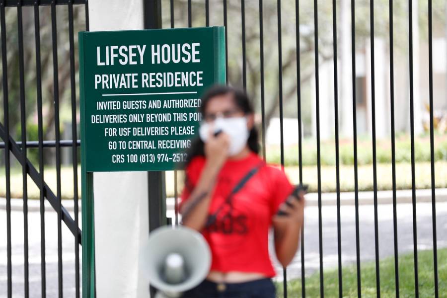 The Tampa Bay Students for a Democratic Society protest in front of Lifsey House, residence of the University of South Florida’s then-president, Steven Currall, on July 2, 2020