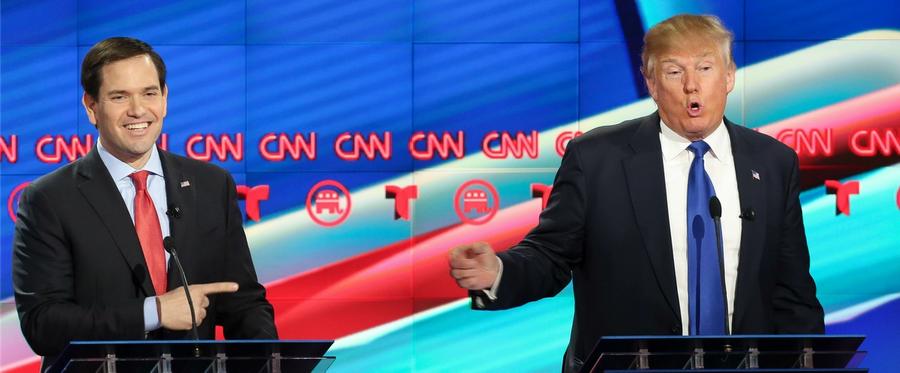Republican presidential candidate, Sen. Marco Rubio (R-FL) reacts to a point by Donald Trump during the Republican presidential debate at the University of Houston on February 25, 2016 in Houston, Texas. 
