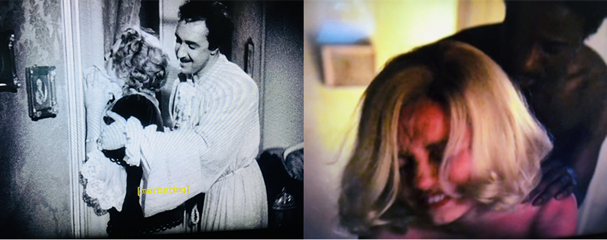 Left: still from ‘Jud Süss’ (1940), in which a Jewish man assaults a German woman. Right: a still from ‘The Deuce,’ depicting a black pimp assaulting a white prostitute.