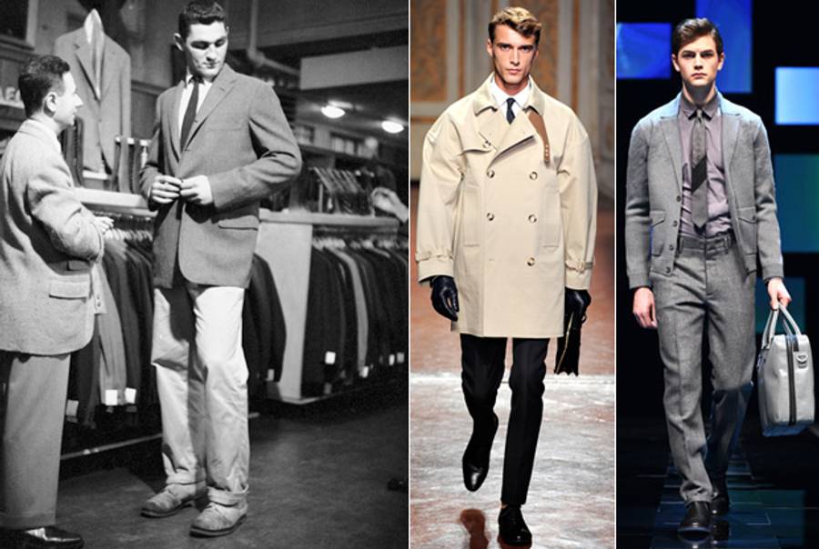 Yale football tackle Philip Tarasovic trying on a suit jacket at J. Press in New Haven, Ct., in 1955 (left), and fall 2012 menswear collections from Valentino (center) and Fendi (right) last month in Milan.(Left to right: Nina Leen/Time Life Pictures/Getty Images; courtesy of Valentino via Style.com; courtesy of Fendi via Style.com.)