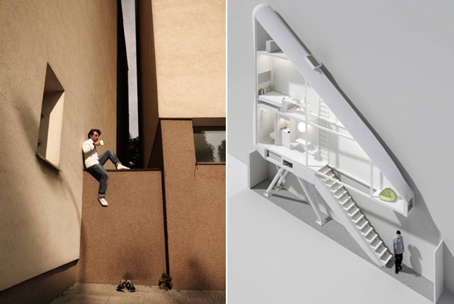 Left: Etgar Keret in the empty space where his house now stands, before the house was completed. Right: architectural rendering of the house.(Left: Igor Omulecki; right: Centralna)