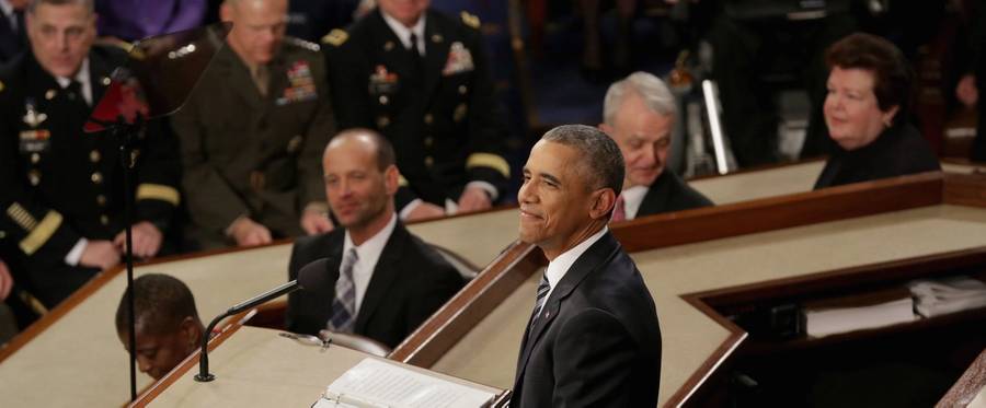 President Barack Obama acknowledges applause during the State of the Union speech before members of Congress in the House chamber of the U.S. Capitol January 12, 2016 in Washington, DC.  