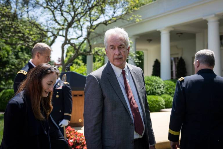 Director of National Intelligence Avril Haines and CIA Director William Burns depart an event in the Rose Garden of the White House, May 25, 2023