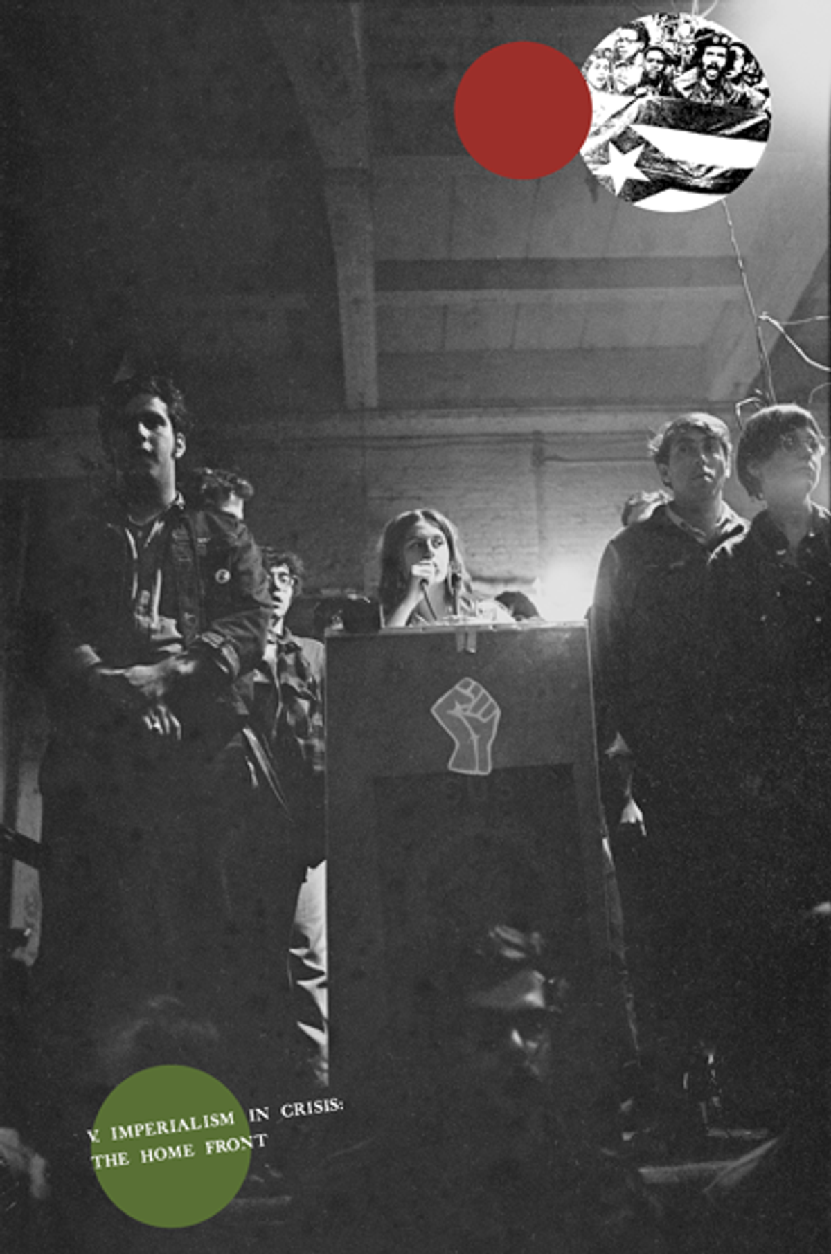 Bernardine Dohrn, a leader of the Weather Underground, speaks from a podium following the splintering of the Students for a Democratic Society (SDS) organization, Chicago, late June 1969. Fellow activists Mark Rudd and Susan Stern stand to her left.