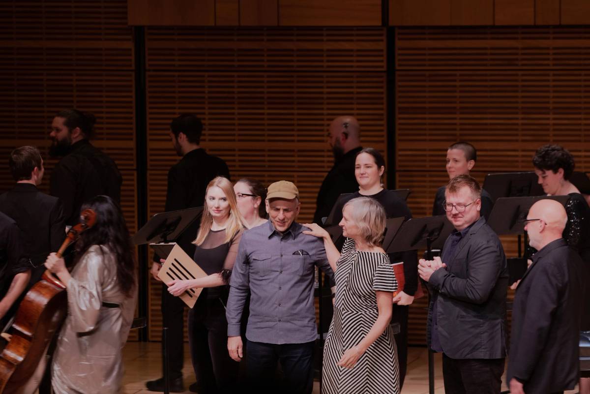 Michael Gordon (at center) following a performance of ‘The Travel Guide to Nicaragua’ at Carnegie Hall