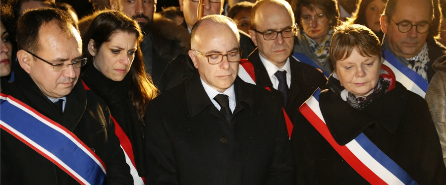 France's Interior Minister Bernard Cazeneuve and Bagneux's Mayor Marie-Helene Amiable take part in a ceremony marking the 10th anniversary of the death of Ilan Halimi, a 23-year-old Jewish Frenchman murdered after he was kidnapped and tortured for three weeks by a gang in a Paris suburb, on February 13, 2016 in Bagneux, near Paris.